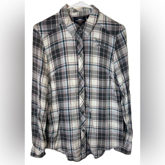 HARLEY-DAVIDSON Button Up Collared Long Sleeve Plaid Shirt 100% Rayon Size SMALL - Picture 1 of 11
